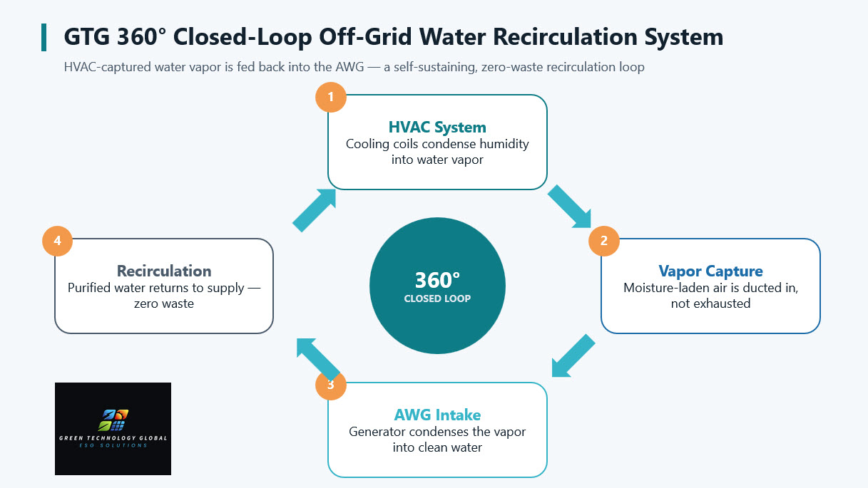 GTG 360 Degree Closed-Loop Off-Grid Water Recirculation System &mdash; HVAC captured water vapor fed back into the AWG, a self-sustaining zero-waste recirculation loop