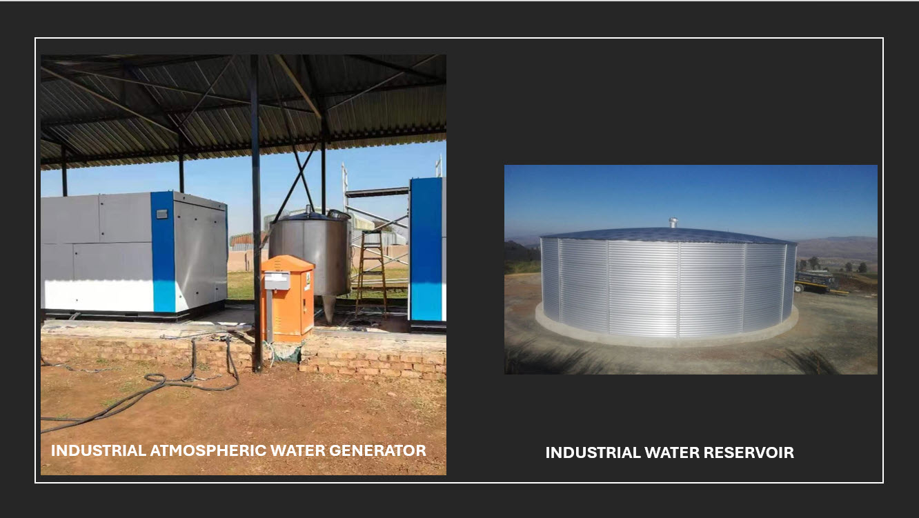 Industrial atmospheric water generator unit alongside an industrial water reservoir tank