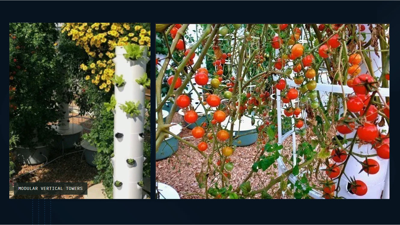 Modular vertical hydroponic towers growing lettuce, flowers, and cherry tomatoes