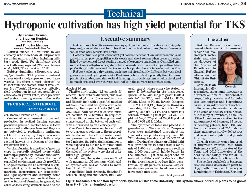 Rubber and Plastics News article: Hydroponic cultivation has high yield potential for TKS