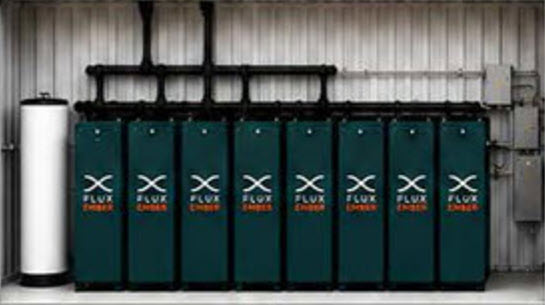 Flux Ember 20-foot container cutaway showing internal fuel cell modules